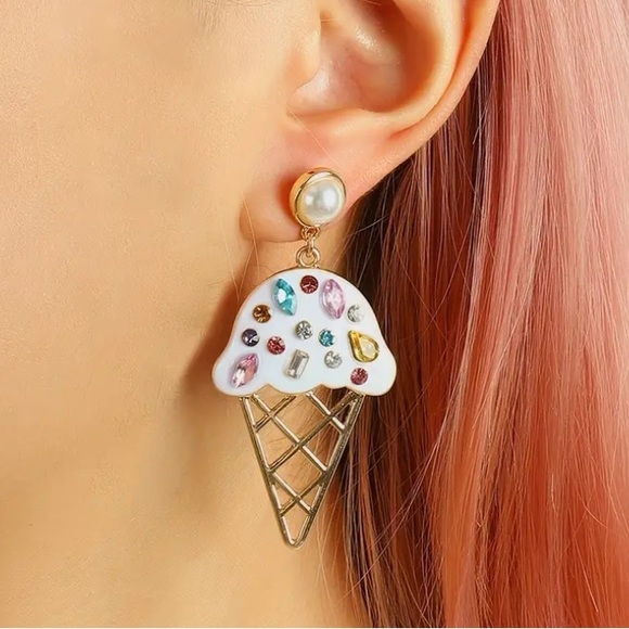 Vanilla Ice Cream Cone with Multi Color Sprinkles Gold Toned Pearl Stud Earrings - Picture 3 of 3
